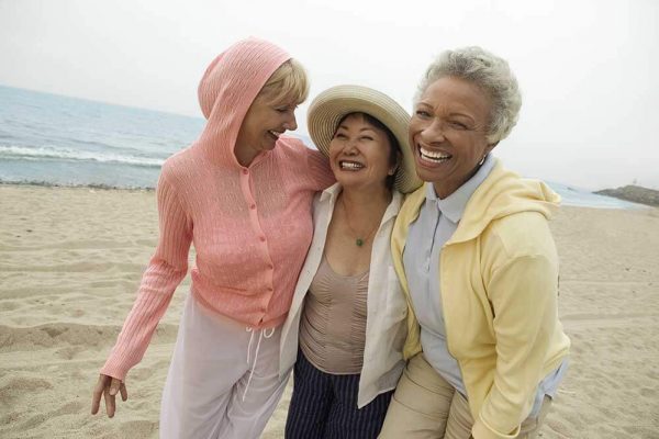 Three women walking on a beach